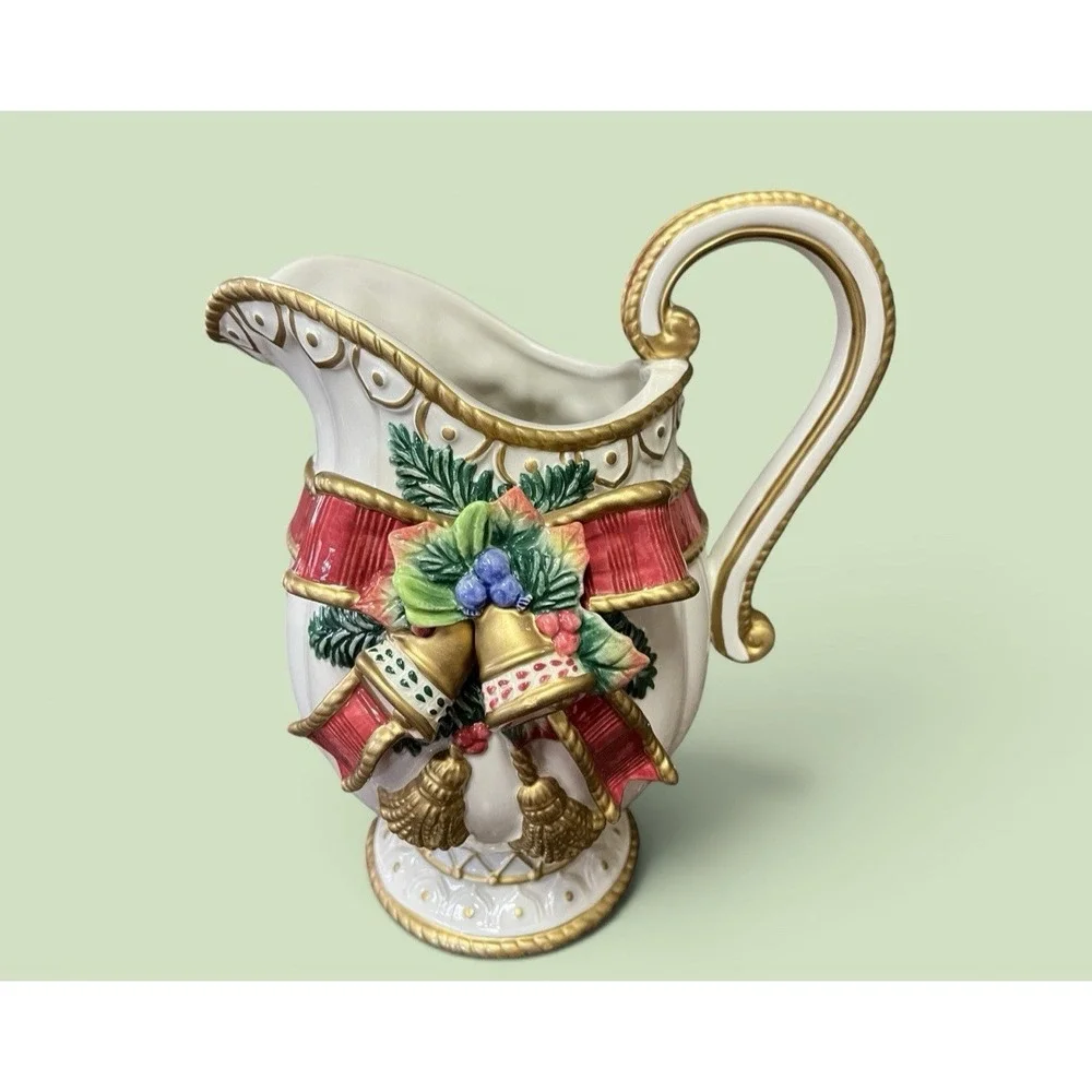 Fitz & Floyd Classics Christmas Deer Bow Bells Serving Pitcher Vase Bells Ribbon